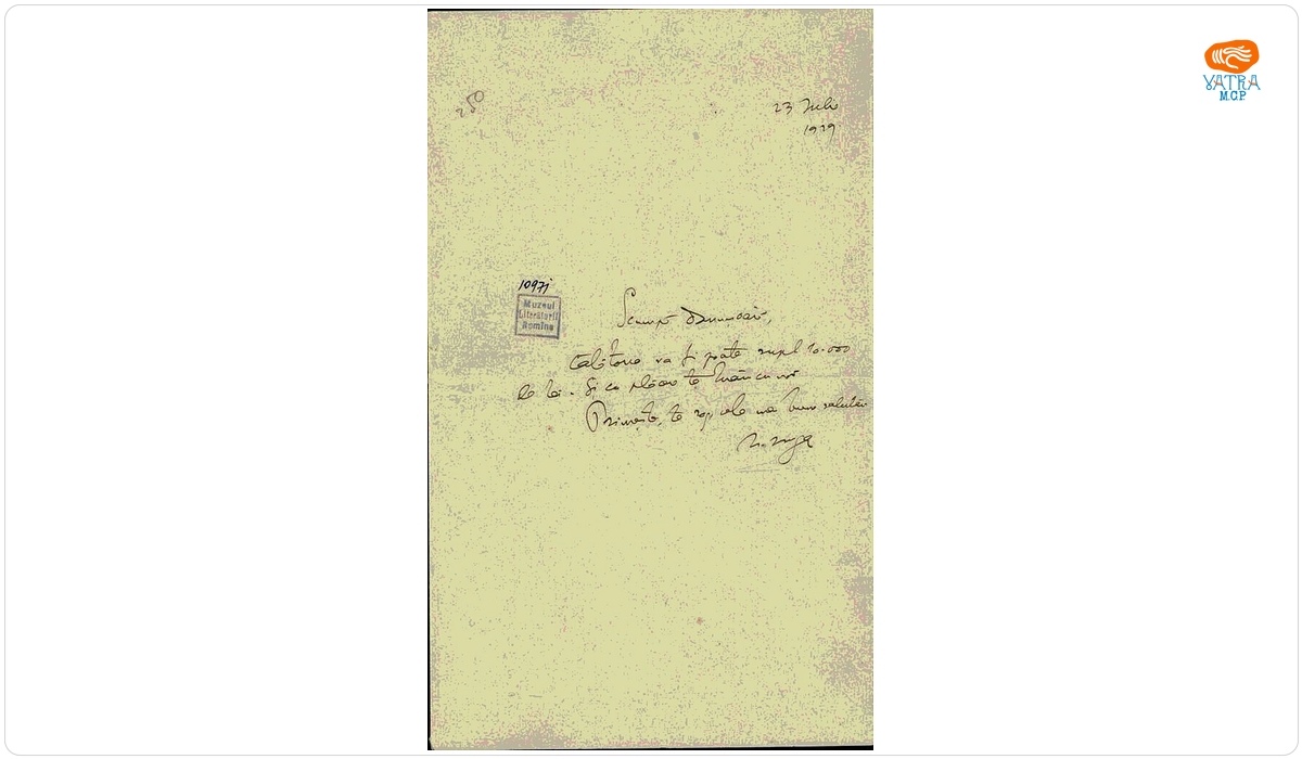 Scrisoarea a fost redactată de Nicolae Iorga — Scrisoare datată „23 iulie 1929“, adresată de Nicolae Iorga Alexandrinei Vornicelu