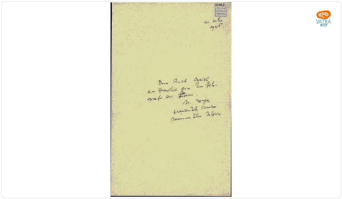 Scrisoare datată „24 iulie 1936“, adresată doamnei Ruth Craik de Nicolae Iorga