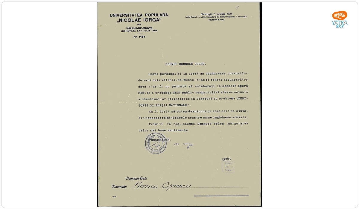 Scrisoare datată „8 aprilie 1938, București“, adresată de Nicolae Iorga lui Horia Oprescu