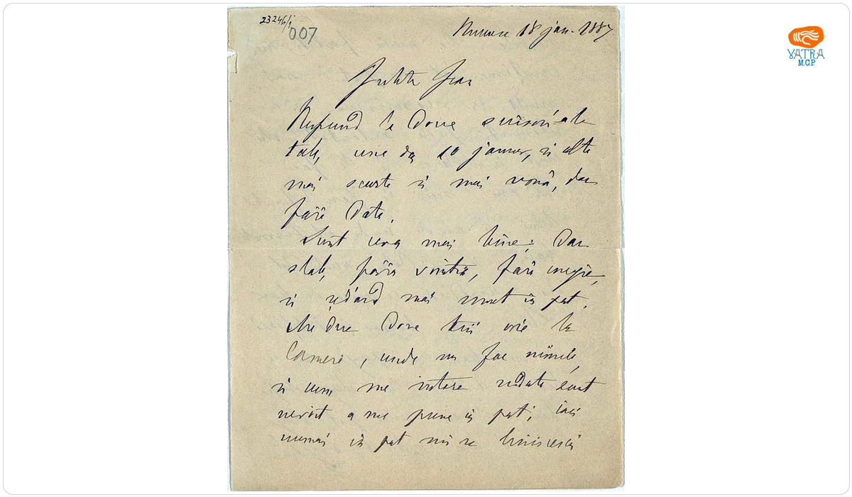 Scrisoare trimisă de Mihail Kogălniceanu fiului său, Ion, pe 18 ianuarie 1887, din București