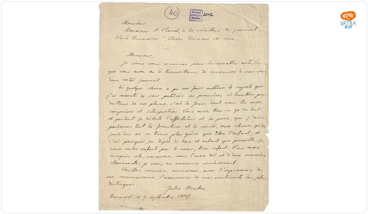 Scrisoare-document adresată de Iulia Hașdeu lui August Clavel, redactorul ziarului „Steaua Română”, 9 septembrie 1887, București