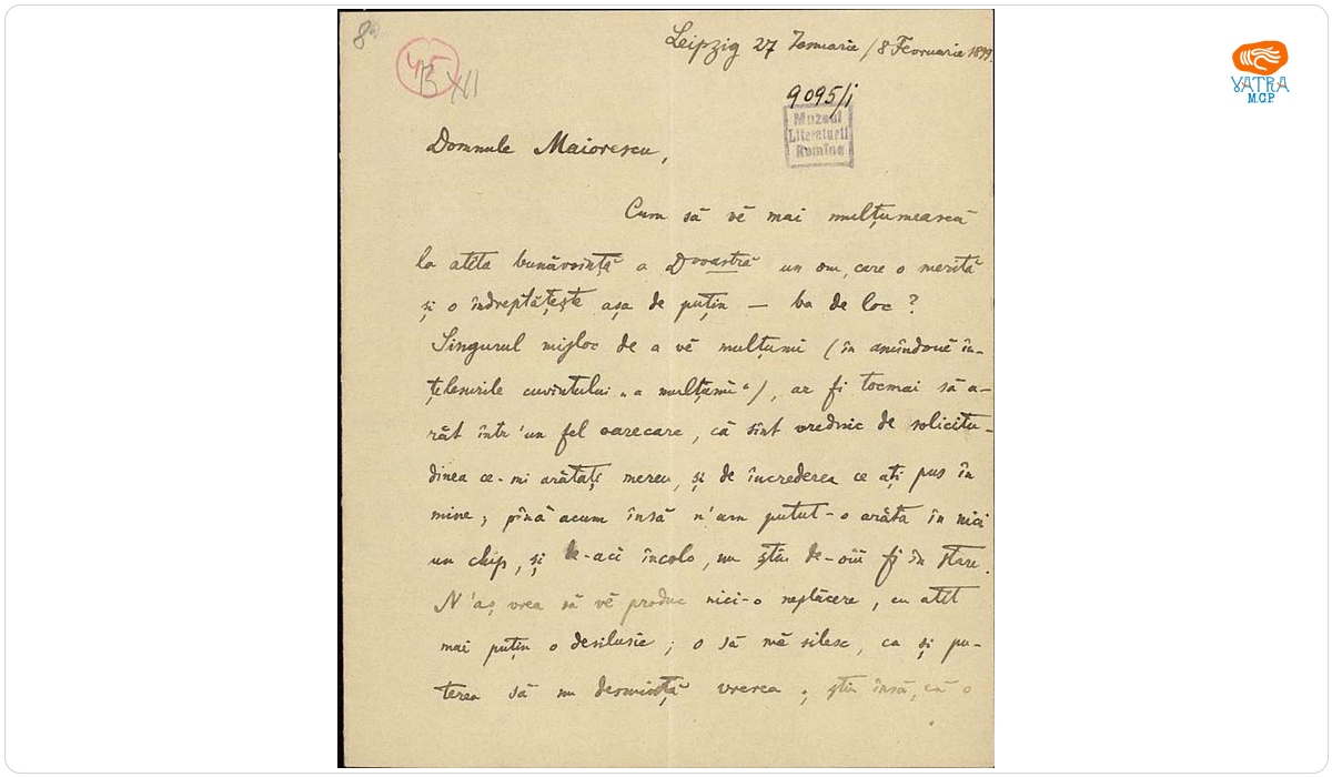 Scrisoarea a fost redactată de Ion A. Rădulescu — Scrisoare datată „27 ianuarie/8 februarie 1899, Leipzig“, adresată lui Titu Maiorescu de Ion A. Rădulescu