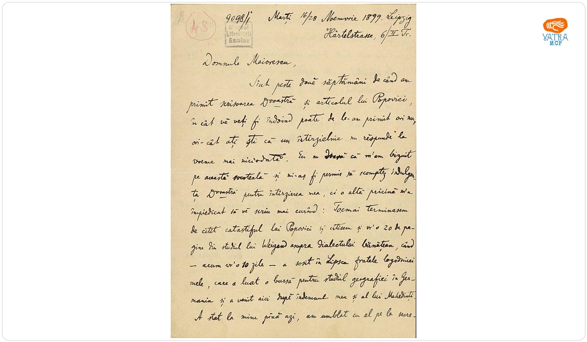 Scrisoarea a fost redactată de Ion A. Rădulescu. — Scrisoare datată „Marți, 16/28 noiembrie 1899, Leipzig“, adresată de Ion A. Rădulescu lui Titu Maiorescu