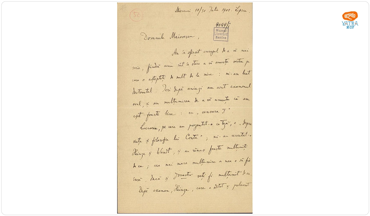 Scrisoare datată „Miercuri, 18/31 iulie 1901, Lipsca (Leipzig)“, adresată de Ion A. Rădulescu lui Titu Maiorescu