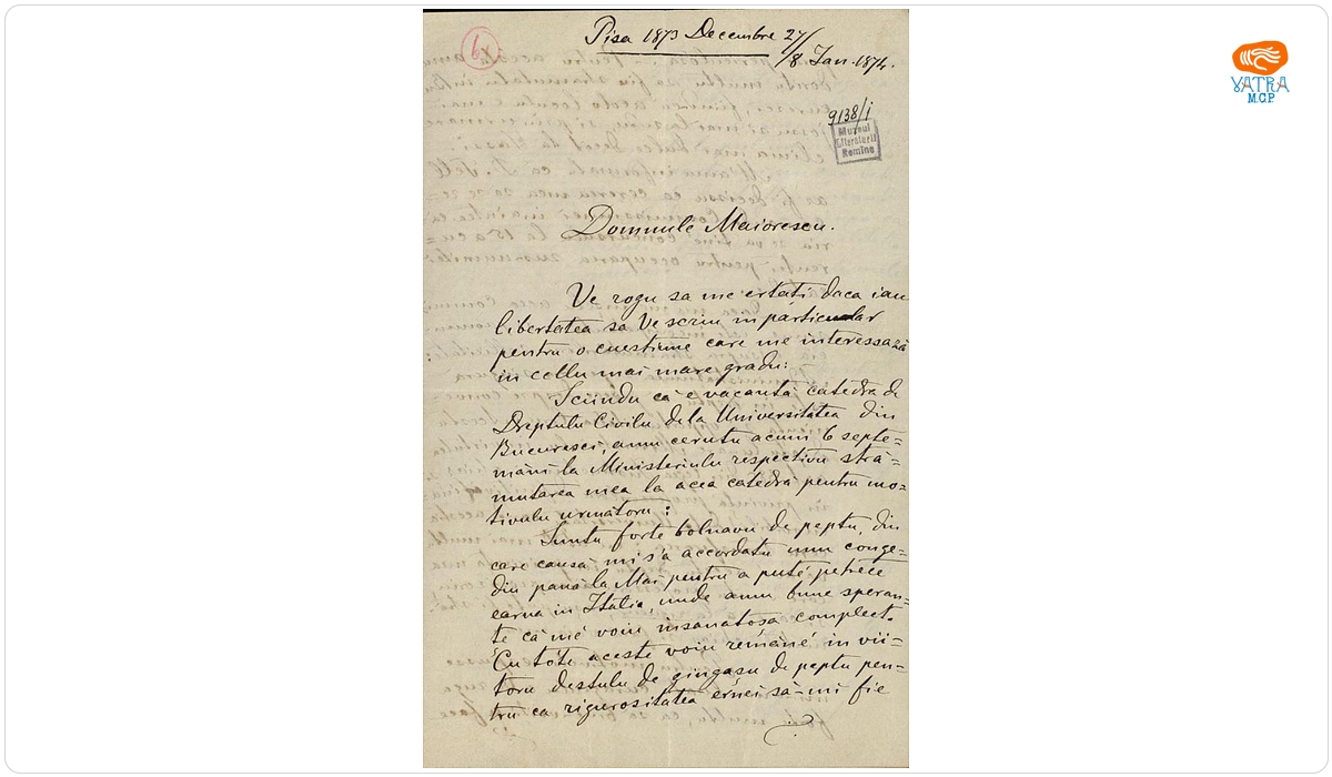 Scrisoare datată „27 decembrie/8 ianuarie 1874, Pisa“, adresată de Vasile Conta lui Titu Maiorescu