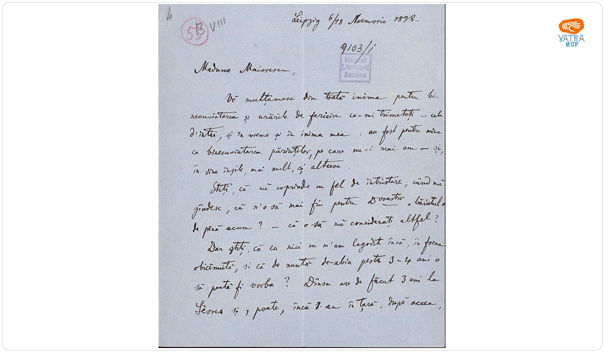 Scrisoarea a fost redactată de Ion A. Rădulescu. — Scrisoare datată „6/18 noiembrie 1898, Leipzig“, adresată de Ion. A. Rădulescu, Annei Maiorescu