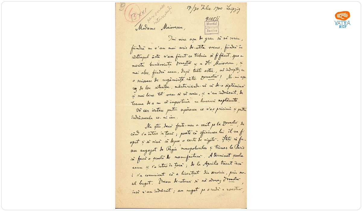 Scrisoarea a fost redactată de Ion A. Rădulescu. — Scrisoare datată „17/ 30 iulie 1900, Leipzig“, adresată de Ion. A. Rădulescu, Annei Maiorescu