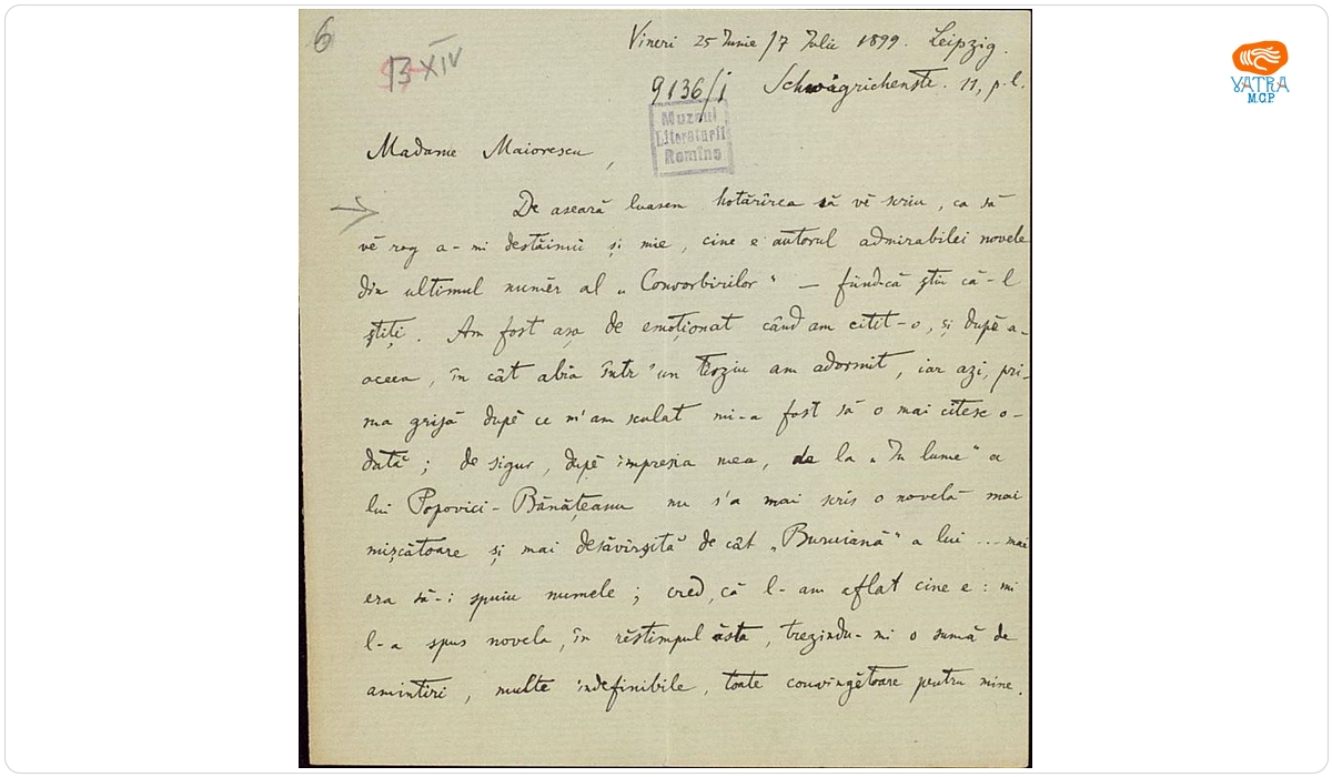 Scrisoarea a fost redactată de Ion A. Rădulescu. — Scrisoare datată „Vineri, 25 iunie/7 iulie 1899, Leipzig“, adresată de Ion A. Rădulescu, Annei Maiorescu