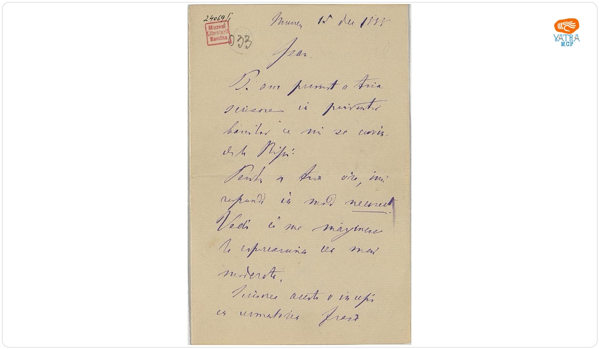 Scrisoare datată „15 decembrie 1888, București“, adresată de Mihail Kogălniceanu fiului său Jean