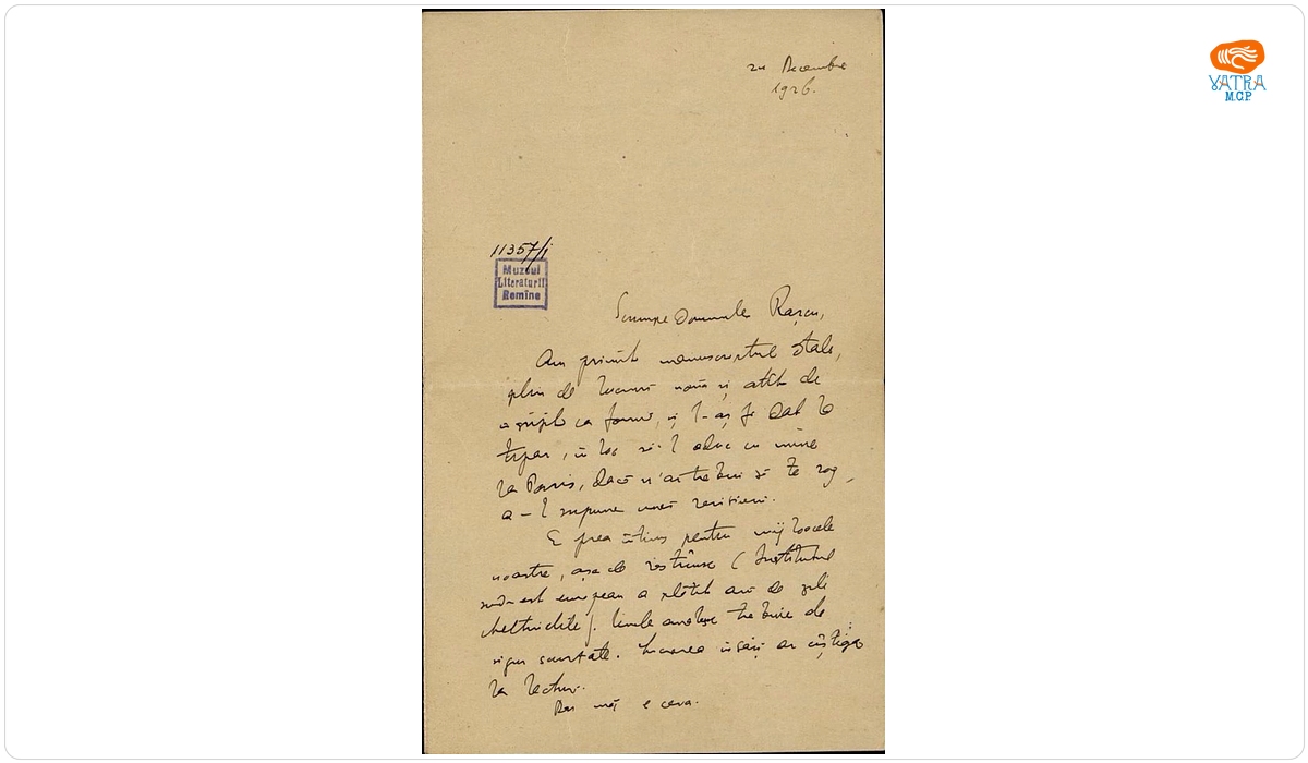 Scrisoarea a fost redactată de Nicolae Iorga. — Scrisoare datată „24 decembrie 1926”, adresată de Nicolae Iorga lui I. M. Rașcu.