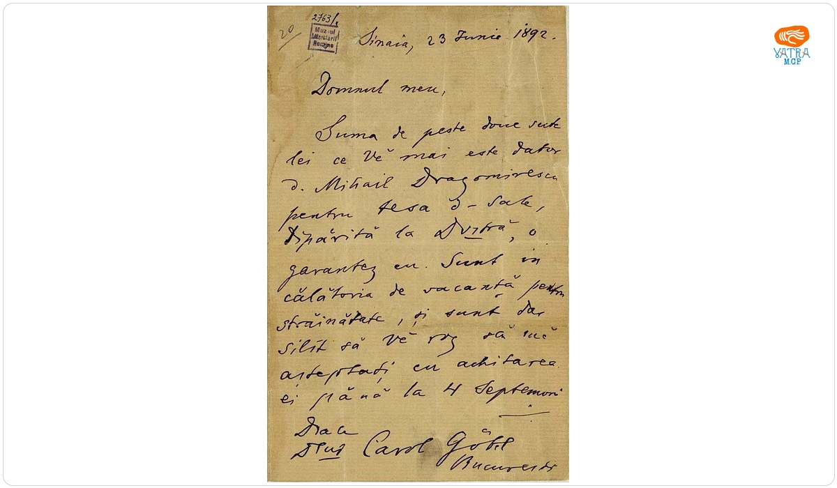 Scrisoare datată „23 iunie 1892, Sinaia“, adresată de Titu Maiorescu lui Carol Göbl