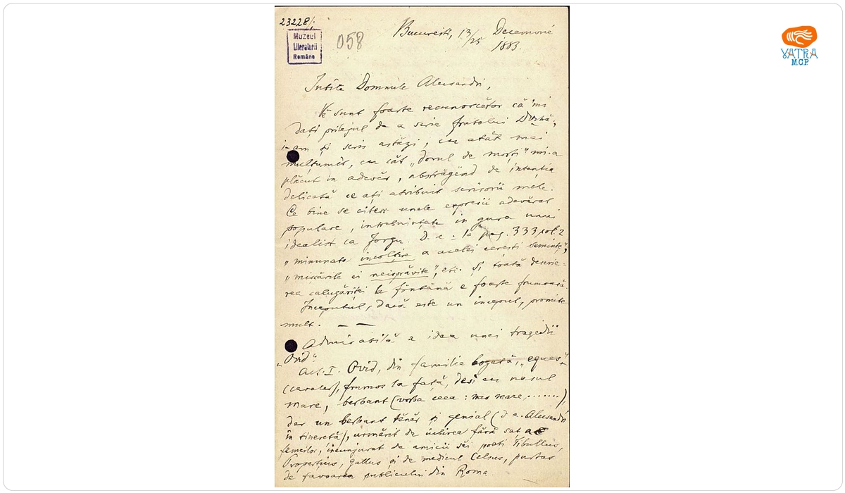 Scrisoare datată „13/25 decembrie 1883, București“, adresată de Titu Maiorescu lui Vasile Alecsandri