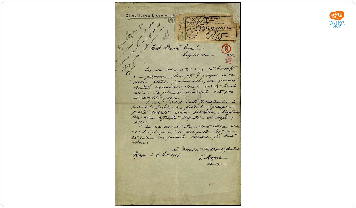 Scrisoare datată „6 noiembrie 1928, Brașov“, adresată de I. Negoiu lui Vasile Kogălniceanu