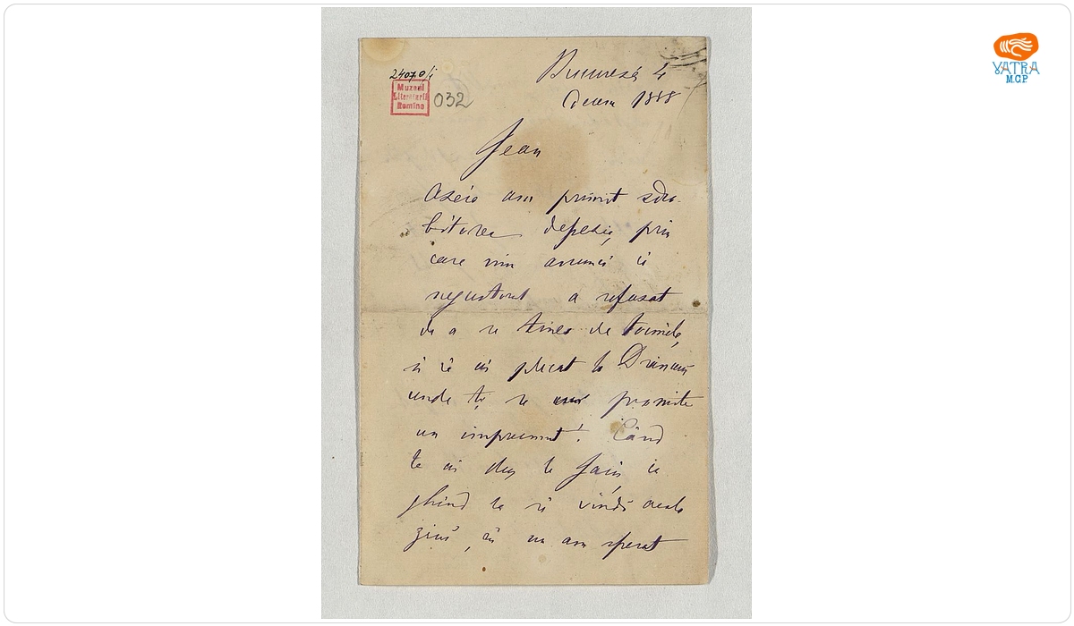 Scrisoare datată „4 decembrie 1888, București“, adresată de Mihail Kogălniceanu fiului său, Ioan