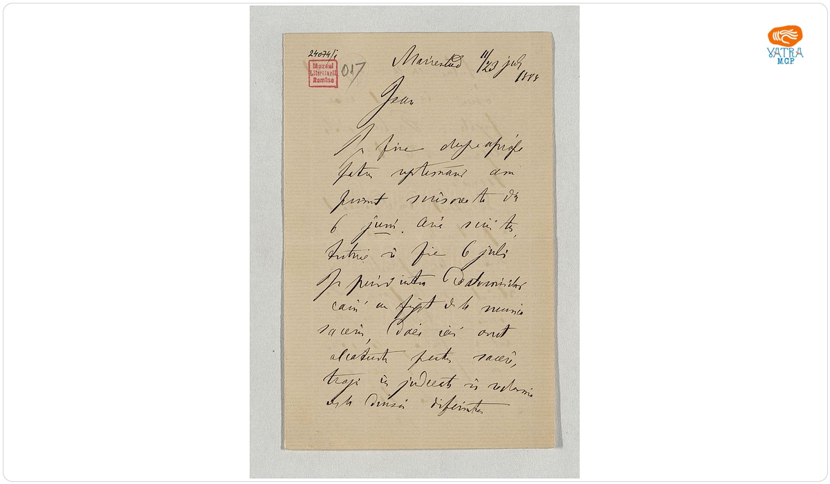 Scrisoare datată „11/23 iulie 1888, Marienbad“, adresată de Mihail Kogălniceanu fiului său, Ioan