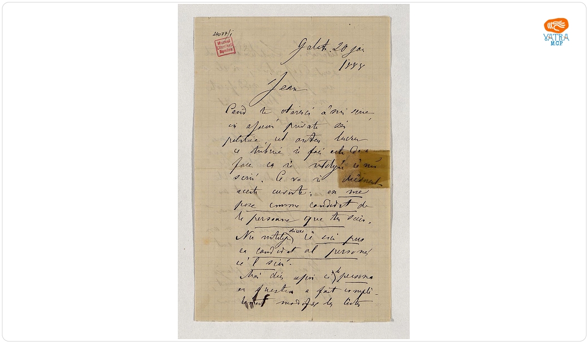 Scrisoare datată „20 ianuarie 1888, Galați“, adresată de Mihail Kogălniceanu fiului său, Ioan
