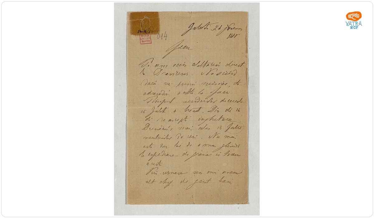 Scrisoare datată „24 ianuarie 1888, Galați“, adresată de Mihail Kogălniceanu fiului său, Ioan