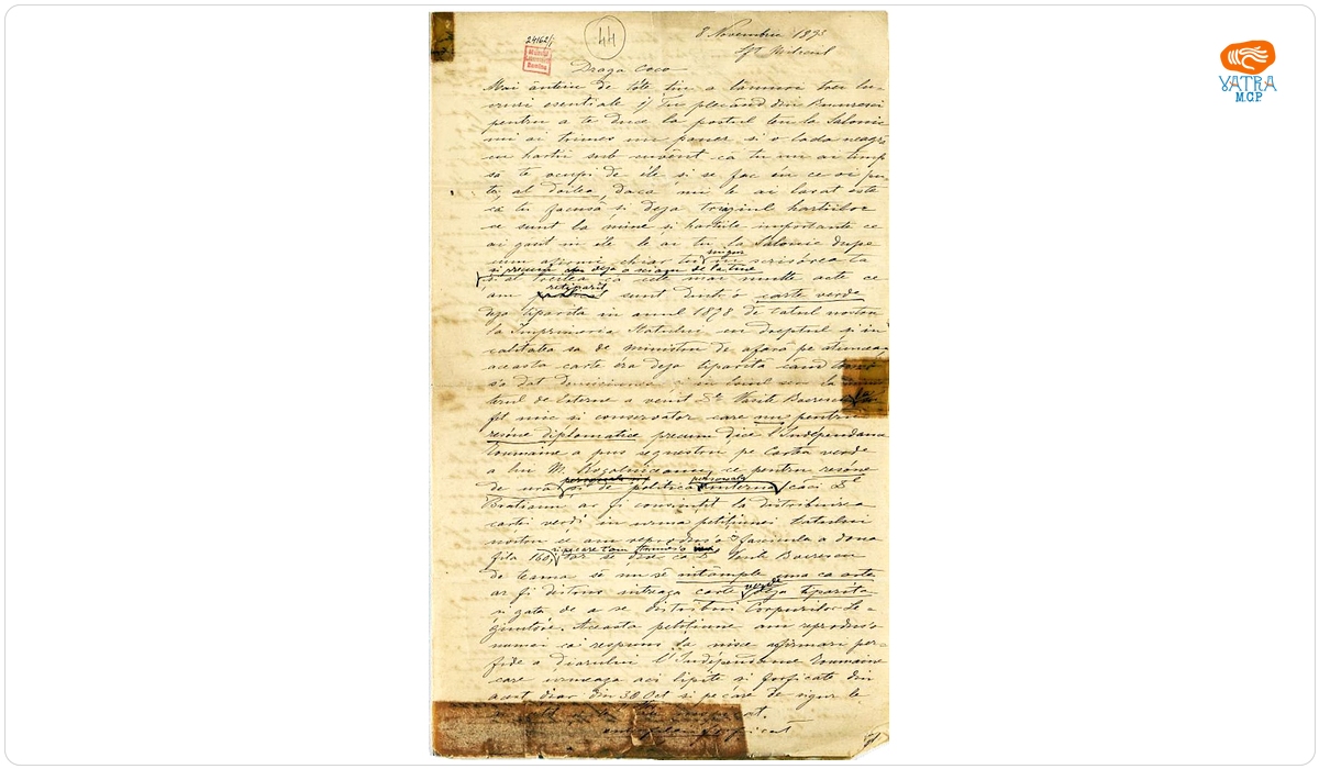 Scrisoare datată „8 noiembrie 1893“, adresată de Vasile Kogălniceanu fratelui său Coco (Constantin) Kogălniceanu