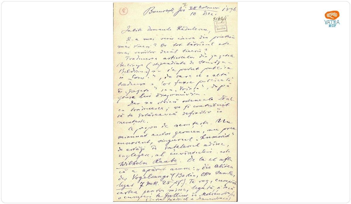Scrisoare datată „Joi, 28 noiembrie/10 decembrie 1896, București“, adresată de Titu Maiorescu lui Ion A. Rădulescu
