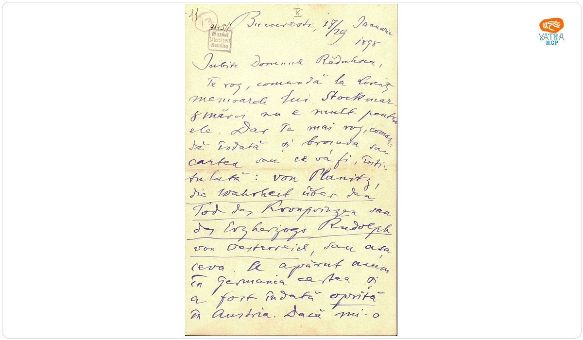 Scrisoare datată „17/29 ianuarie 1898, București“, adresată de Titu Maiorescu lui Ion A. Rădulescu