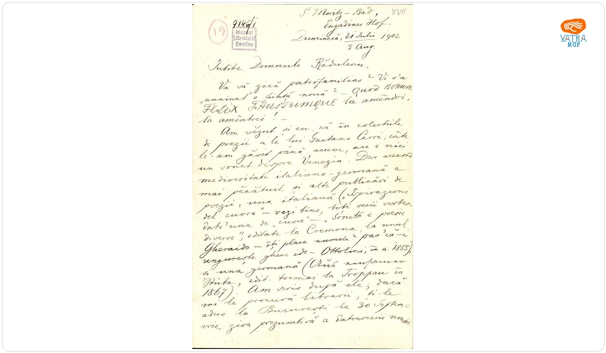 Scrisoare datată „Duminică, 21 iulie/3 august 1902, St. Moritz-Bad, Engadiner-Hof“, adresată de Titu Maiorescu lui Ion A. Rădulescu