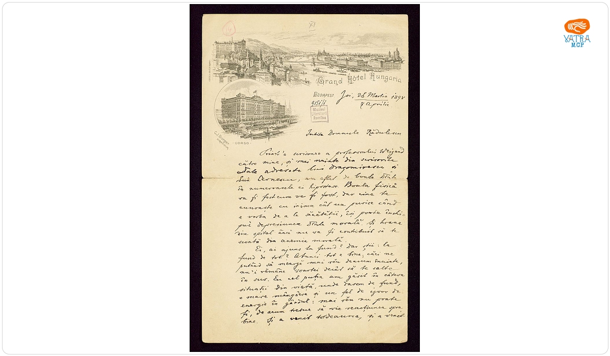 Scrisoare datată „Joi 26 martie/ 7 aprilie 1898, Budapesta“, adresată de Titu Maiorescu lui Ion A. Rădulescu