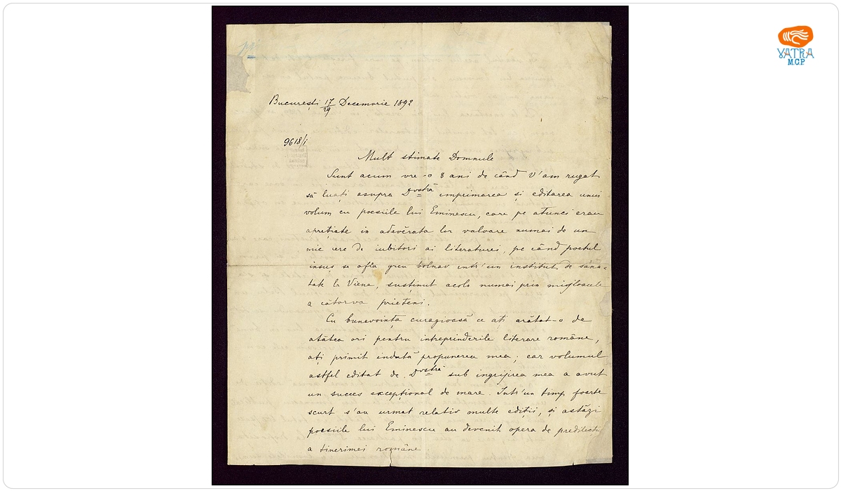 Scrisoare datată „17/29 decembrie 1892, București“, adresată de Titu Maiorescu lui Ioan V. Socec