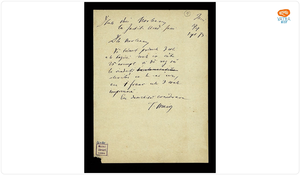 Scrisoare datată „15/27 septembrie 1873, Iași“, adresată de Titu Maiorescu lui Petru Novleanu
