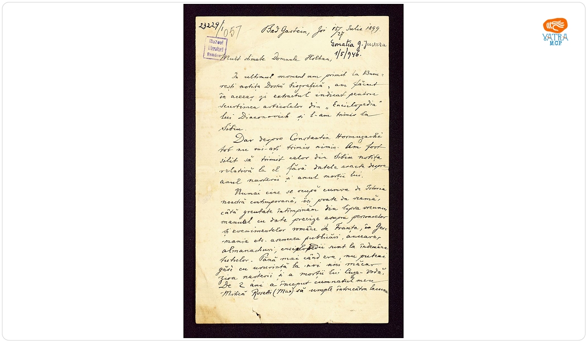 Scrisoare datată „Joi, 15/27 iulie 1899, Bad Gastein“, adresată de Titu Maiorescu lui Alexandru D. Holban