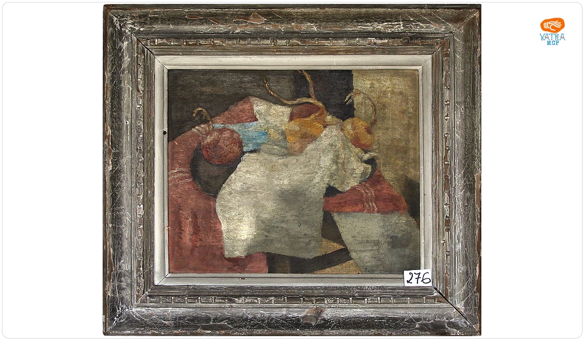 Paul Miracovici — Natură moartă cu ștergar și cepe. Verso: schiță pe fundal albastru ceruleum