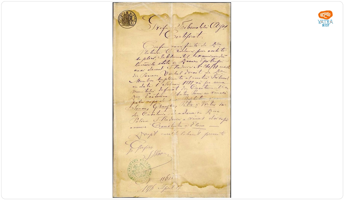 Certificat eliberat pe 17 aprilie 1896 de Grefa Tribunalului Argeș, cuprinzând informații despre urmașii lui Anton Pann