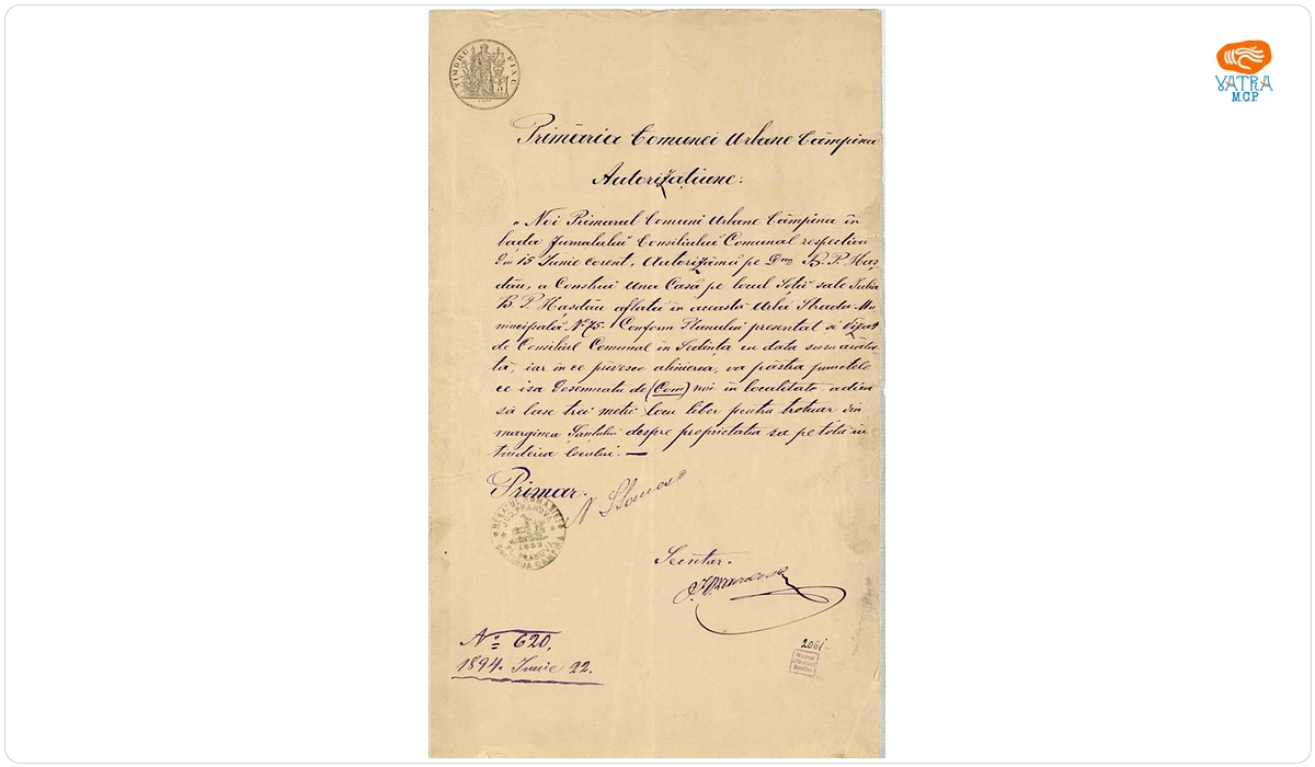Autorizație de construire a unei case emisă de Primăria comunei Câmpina, la data 22 iunie 1894, în beneficiul lui B.P. Hașdeu