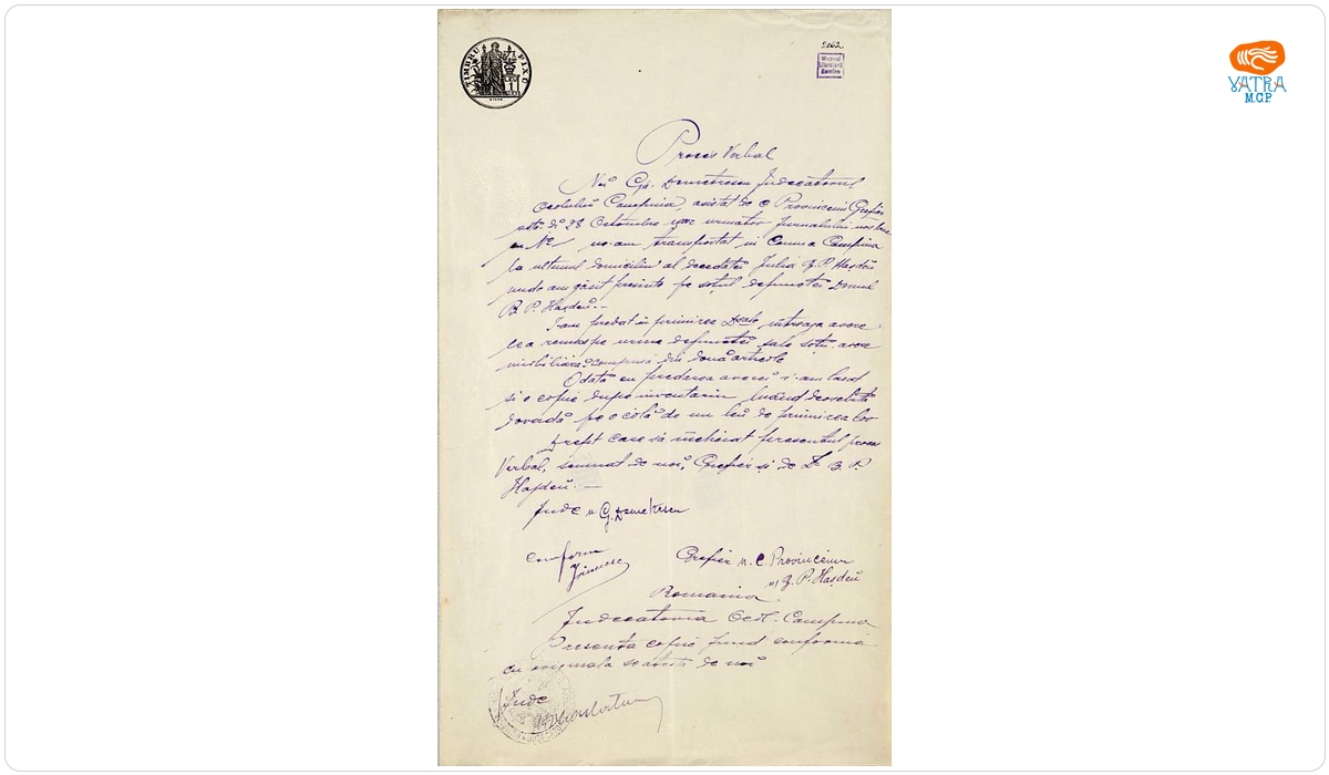 Copie după Procesul-verbal de luare în primire, de către B.P. Hașdeu, a averii decedatei sale soții (28 octombrie 1902)