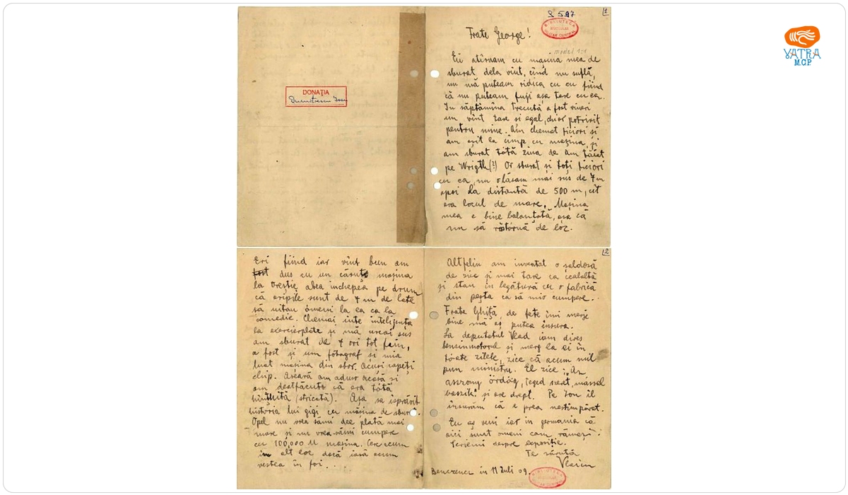Scrisoare trimisă de Aurel Vlaicu din Binținți, prietenului său George (Peștean)