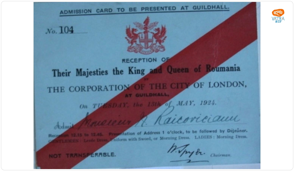 Invitație - N. Raicoviceanu la recepția pentru suveranii României de la Guildhall London