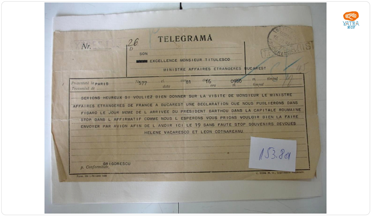 Telegramă Elena Văcărescu către Nicolae Titulescu