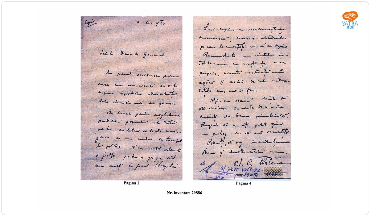 Scrisoare adresată de Octavian C. Tăslăuanu generalului Averescu în 31 decembrie 1920
