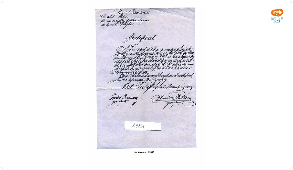 Certificat pentru alegerea deputaților în circumscripția Tulgheș, județul Ciuc, pe numele Octavian C. Tăslăuanu