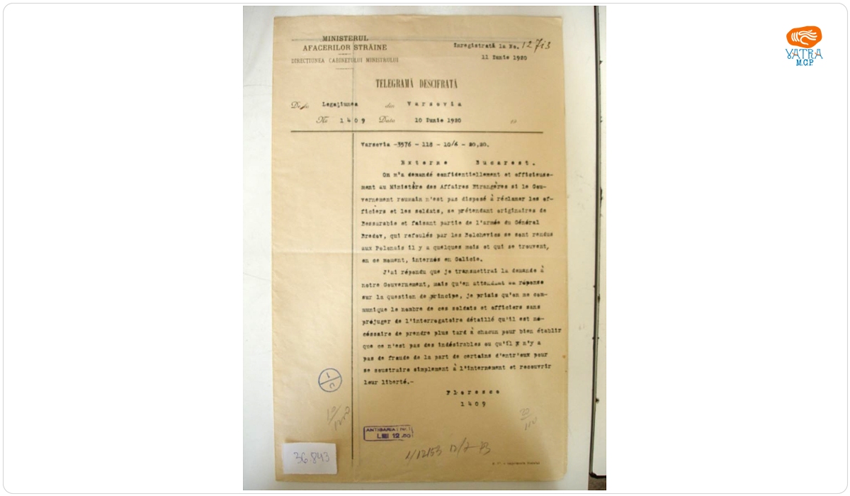 Legația din Varșovia, către Ministerul Afacerilor Străine din București