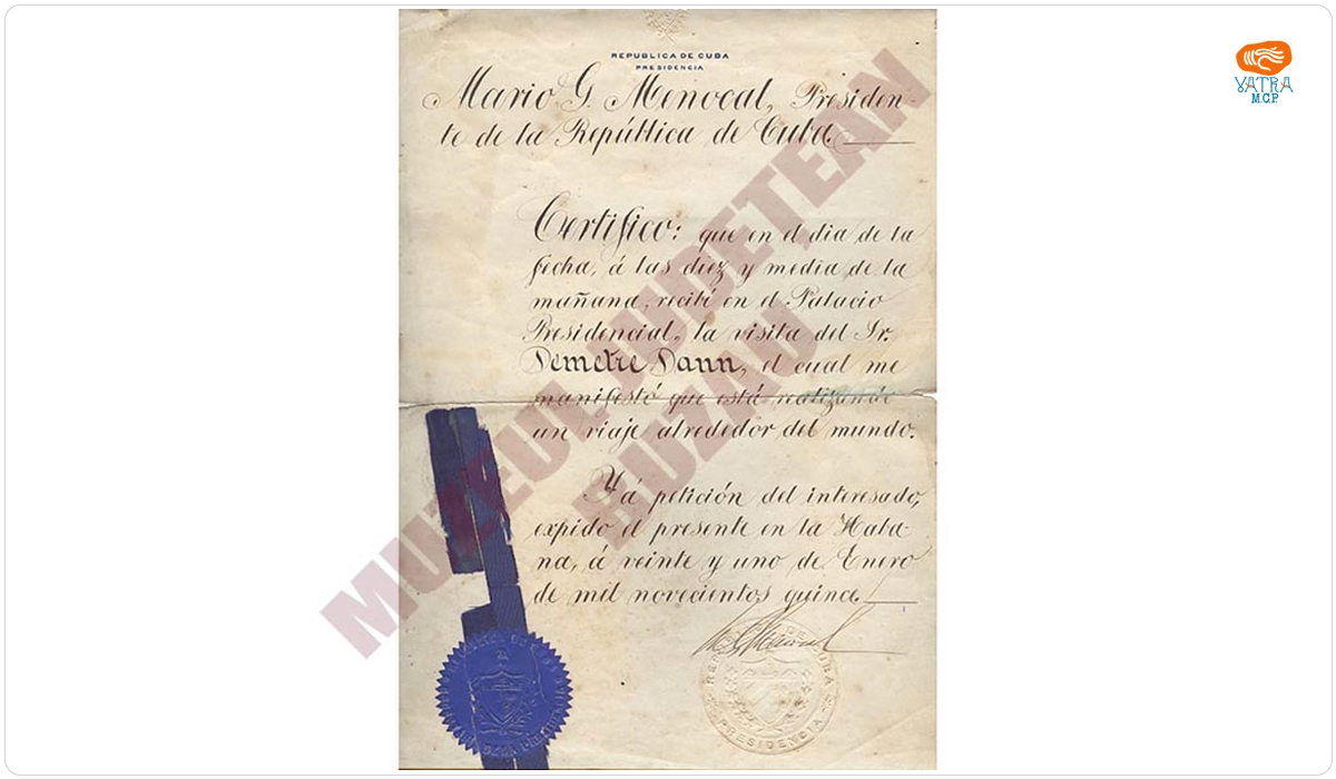 Certificat prin care se atestă că Dumitru Dan a vizitat Președinția Republicii Cuba