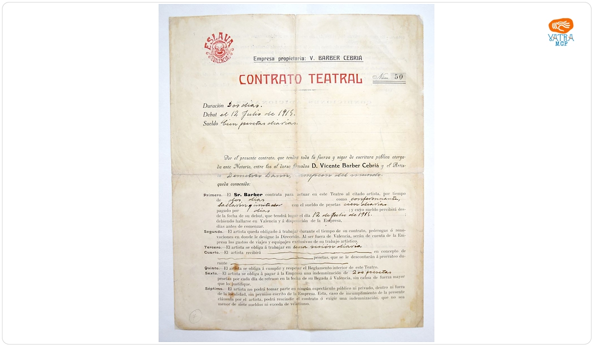 Contract teatral încheiat între D. Dan și teatrul Eslava din Valencia, Spania