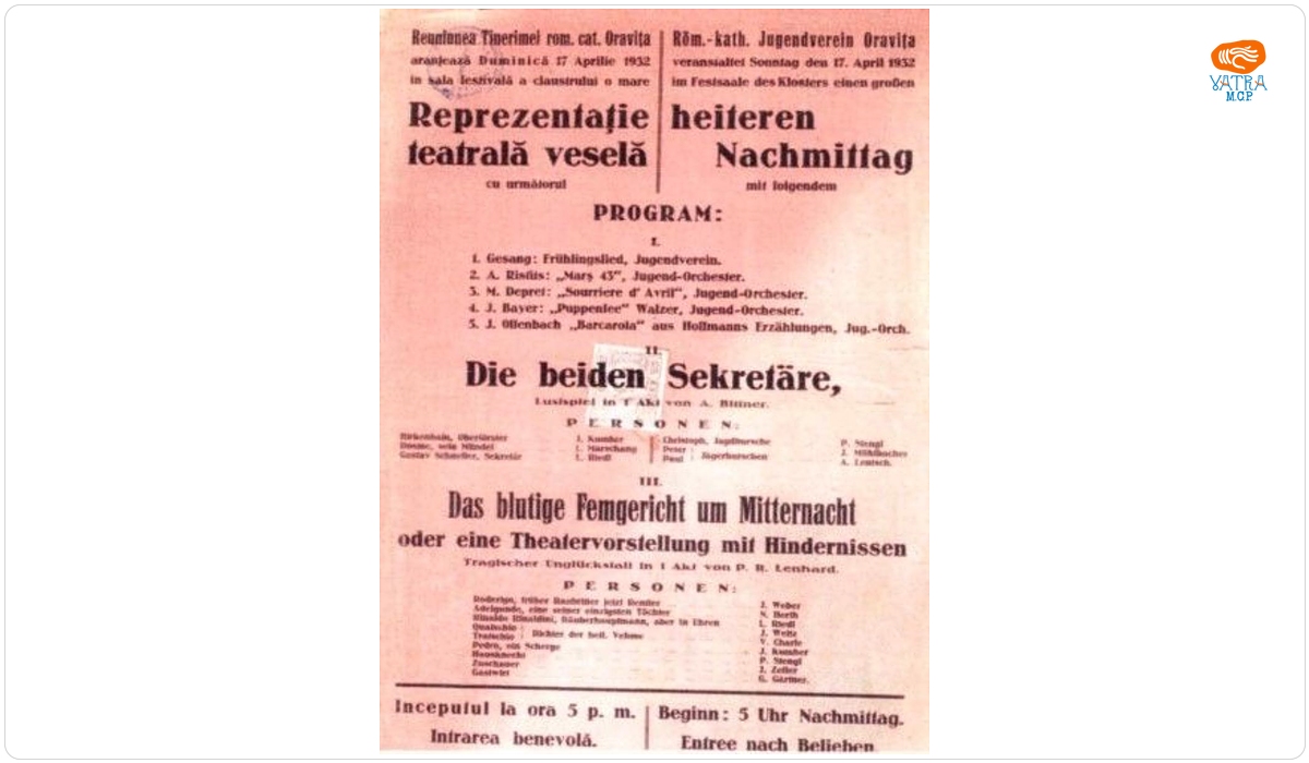 Afiș al Reuniunii romano-catolice din Oravița pentru spectacolul de comedie „Die beiden Sekretär”