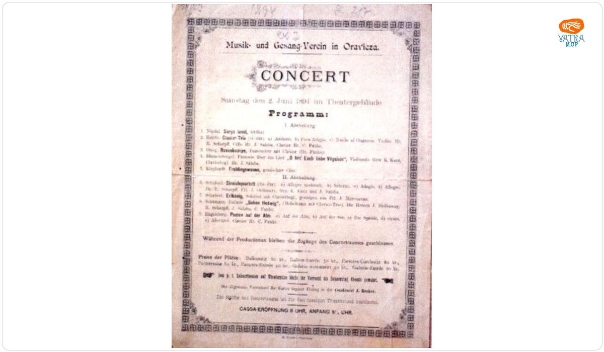 Program de concert organizat de Reuniunea de Muzică și Cântări din Oravița