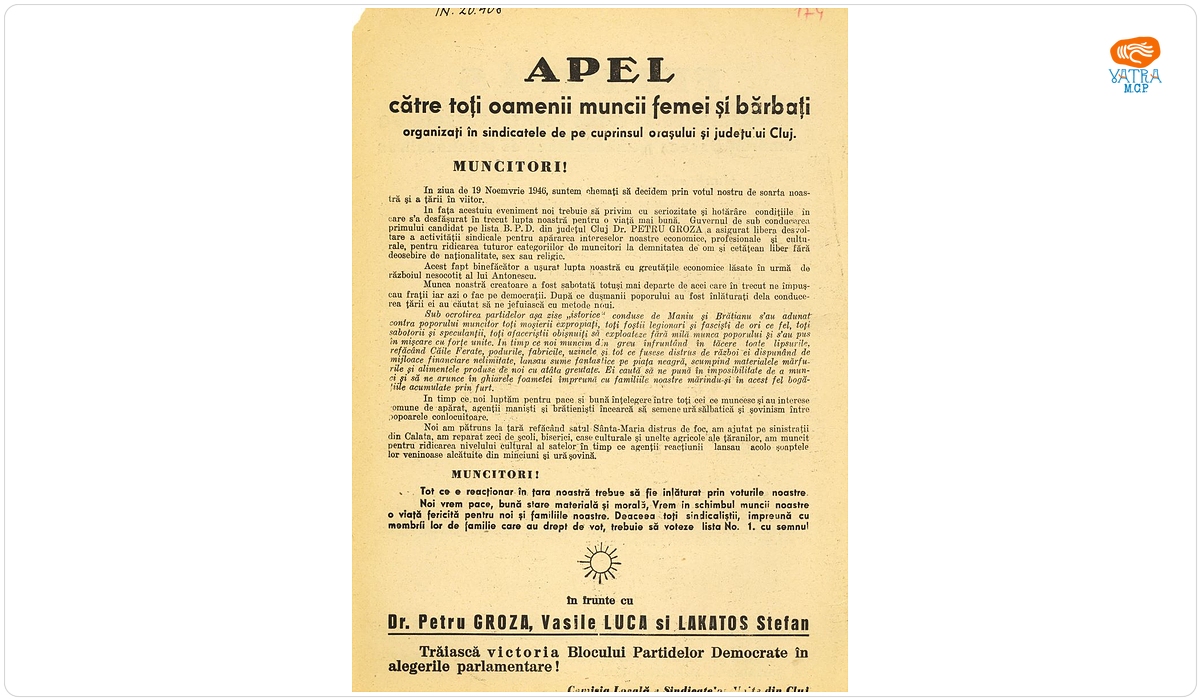 Apelul pentru alegerile din nov. 1946 de a vota „Soarele”
