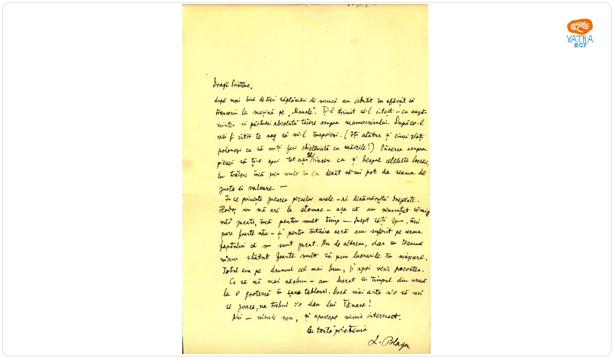 Blaga către Breazu; îl anunță că îi trimite manuscrisul dactilografiat al piesei "Meșterul Manole" pt. a-și spune părerea