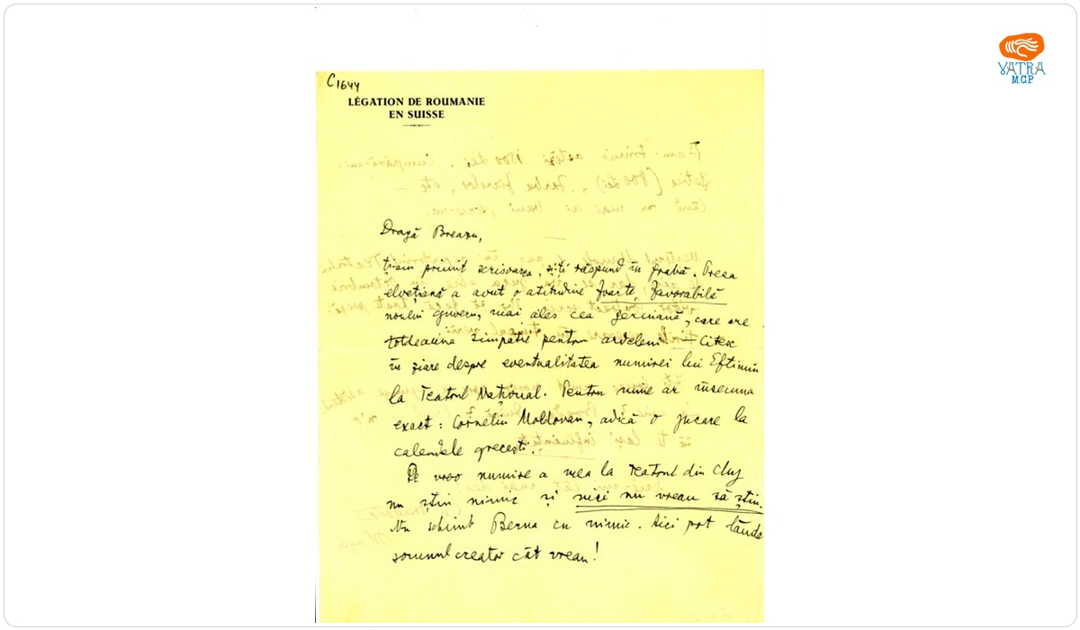 Blaga îi scrie lui I. Breazu despre simpatia presei elvețiene pt. ardeleni și despre introducerea în repertoriul teatrului din Berna a piesei „Meșterul Manole”