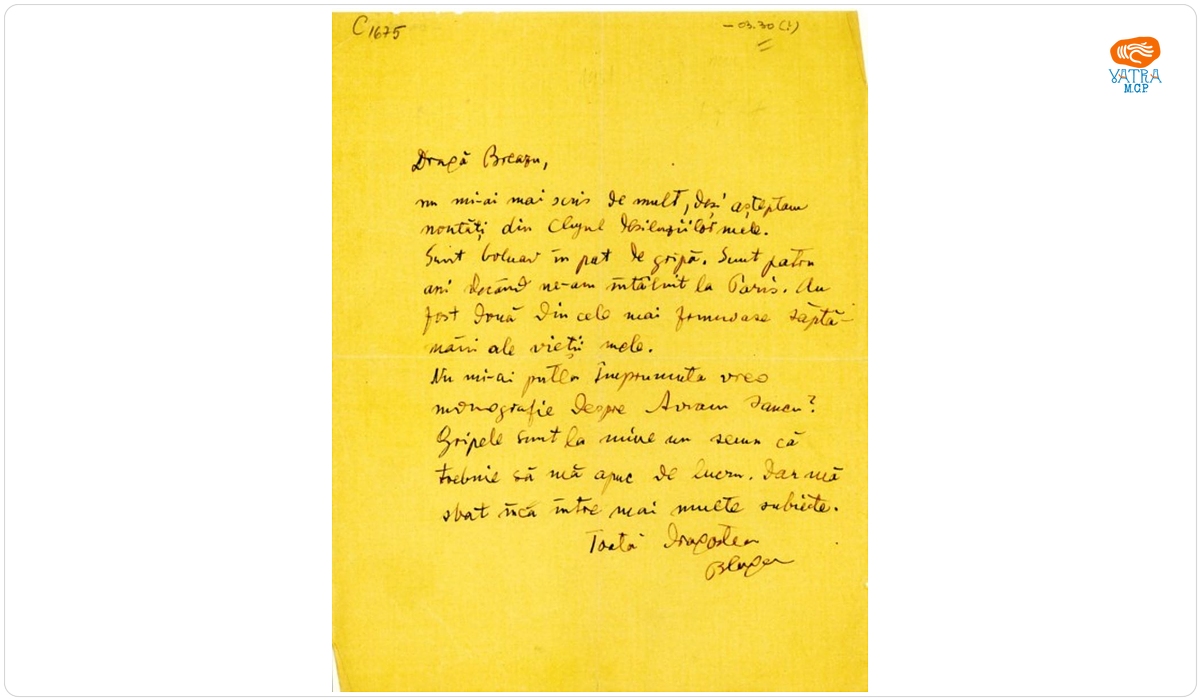 Blaga îi scrie lui Breazu despre amintirile întâlnirii lor la Paris în 1926; Blaga spune „aștept noutăți din Clujul deziluziilor mele”
