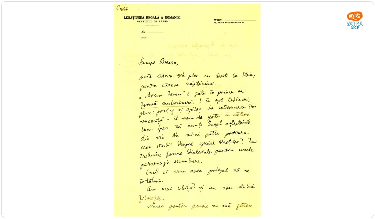Blaga îi scrie lui Breazu despre venirea la Sibiu și planurile sale literare