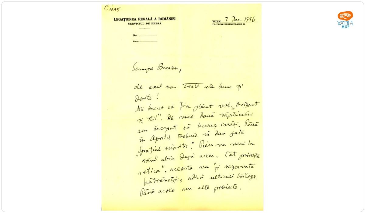 Blaga îi scrie lui Breazu despre „Spațiul mioritic” și despre volumul „Orizont și stil”