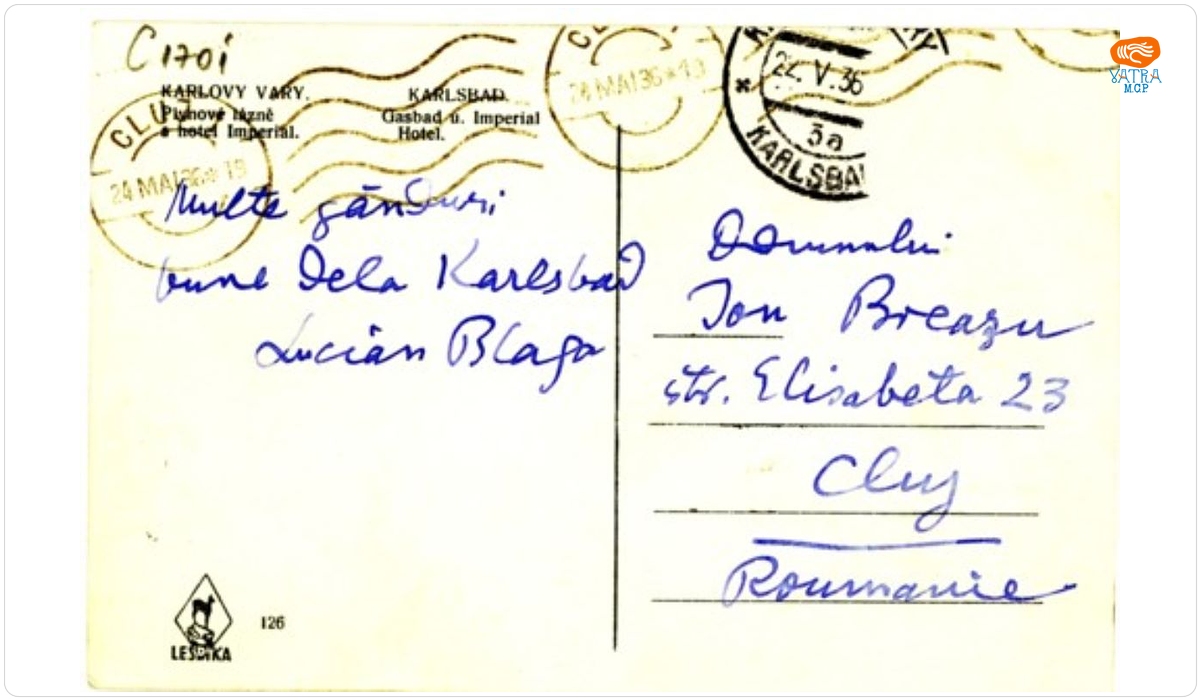 Blaga îi transmite salutări lui Breazu de la Karlsbad